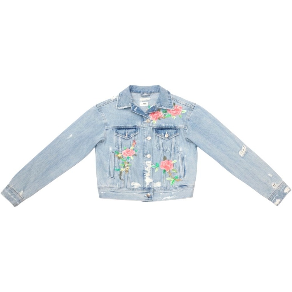 M1858 Logan Floral Embroidered Distressed Denim Jacket Womens Size M Light Wash